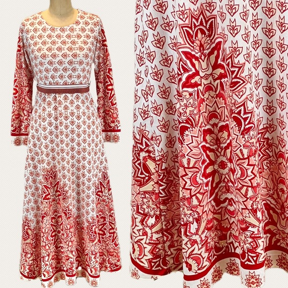 VINTAGE 60s bohemian long sleeve maxi dress red floral medallion belted waist - Picture 17 of 17